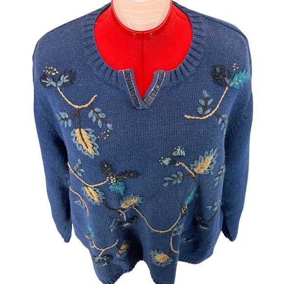 Extra Point Vintage Blue Floral Embroidered Granny Pullover Sweater Women 2XL - Picture 2 of 7